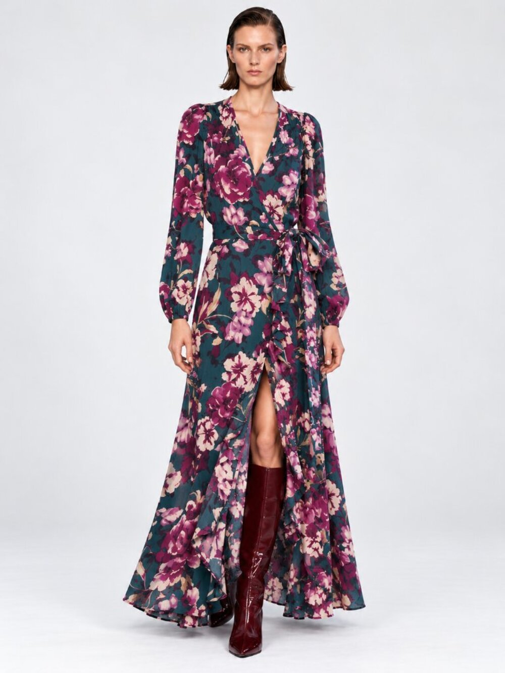 Band of the Free Floral Ruffle Wrap Maxi Dress Pine Plum Size S NWT